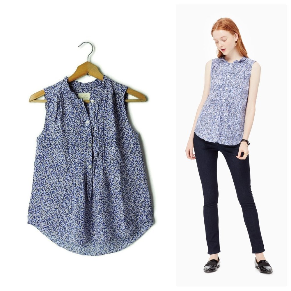 Kate Spade Live Colorfully Floral Petals Pleated Sleeveless blouse top blue